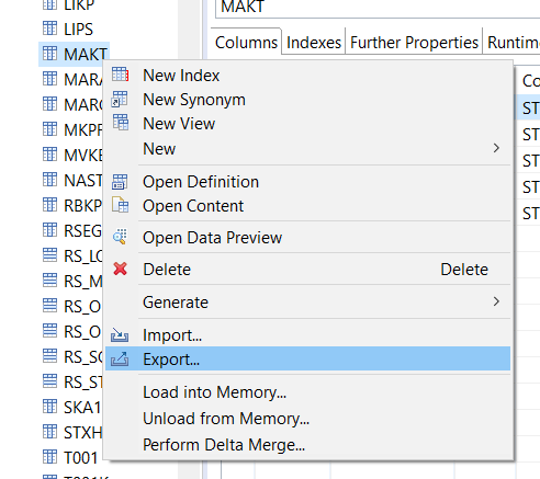 Export SAP HANA database table data