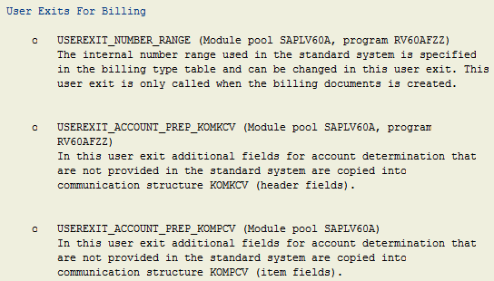 SPRO documentation for user exits for billing in SAP