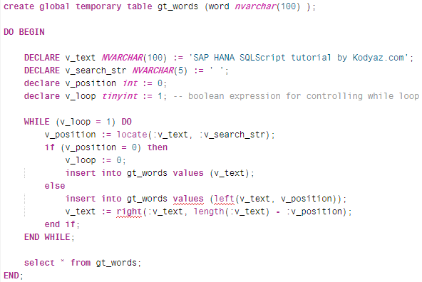 SQLScript codes to find words list in string variable