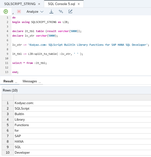 SQLScript String library function split_to_table for HANA database developer