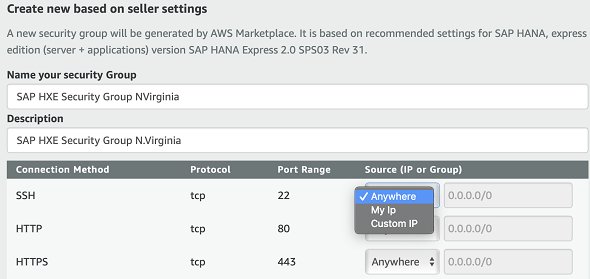 SAP HXE Security Group Settings