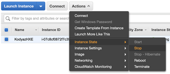 stop SAP HANA Express EC2 instance on AWS Management Console