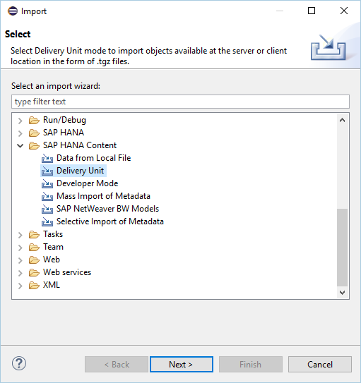 Import Delivery Unit into SAP HANA wizard