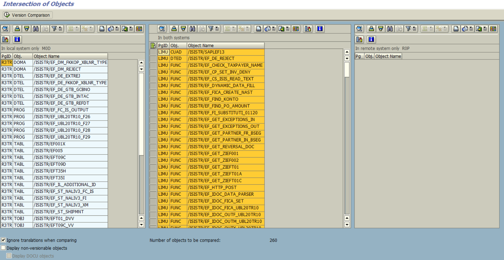 ABAP repository objects lists compared to SAP systems