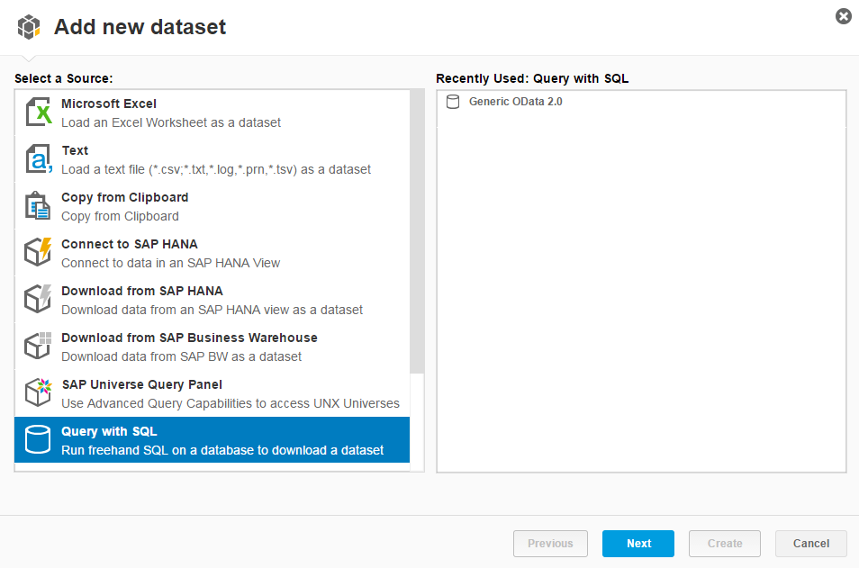 SAP Lumira report datasource selection