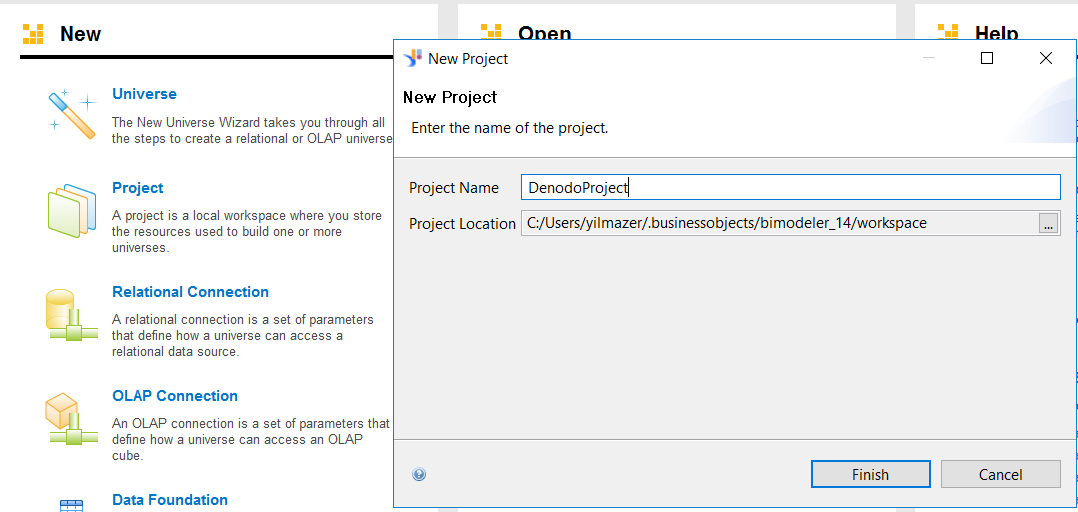 create new project in SAP Business Objects