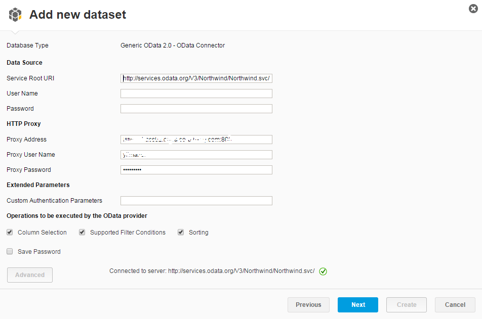 OData service configuration in SAP Lumira datasource wizard