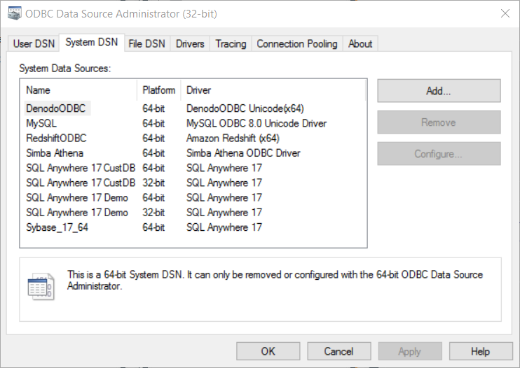 32-bit ODBC Data Sources Administrator tool