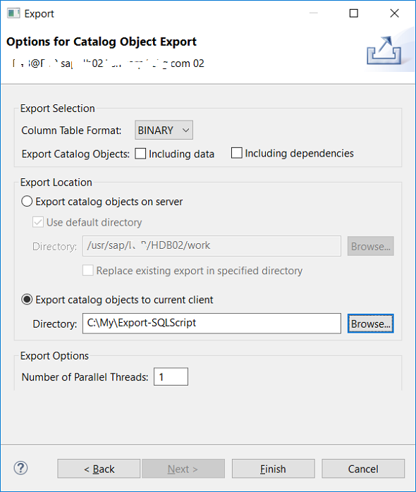 SAP HANA database catalog object export options