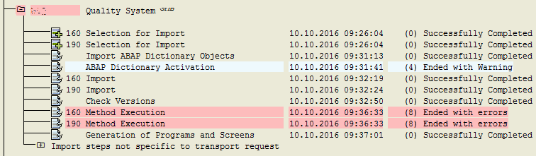 transport logs, error or warnings during transport request import