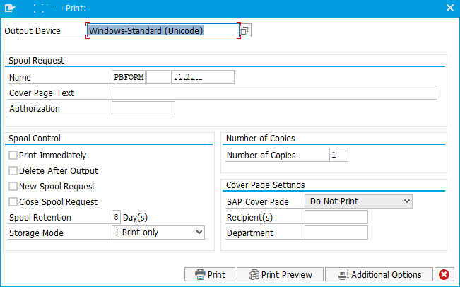 Print Preview dialog screen for Adobe Document outputs