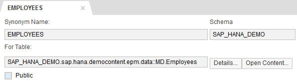 HANA database synonym definition for table object