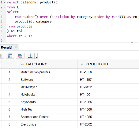 select random row per item category on SAP HANA database query