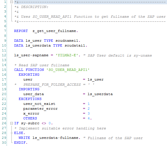 ABAP codes to read fullname of SAP user using SO_USER_READ_API1 function module
