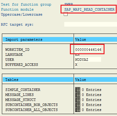 read SAP workflow work item container using ABAP function module
