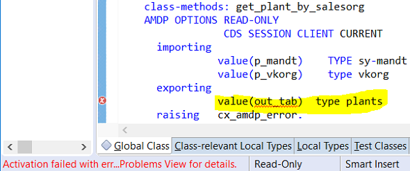 ABAP method contains AMDP database procedure, row type must be structured