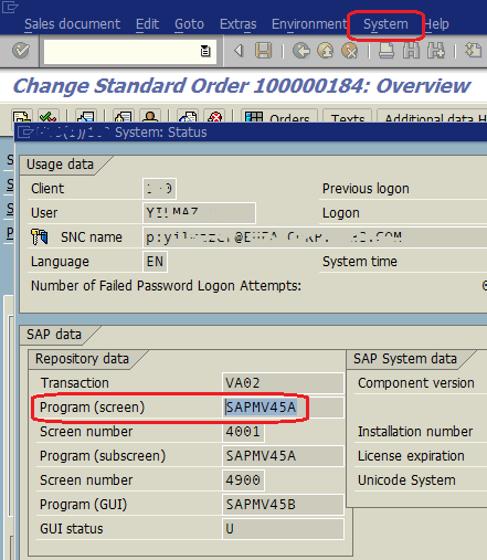 identify SAP program using System Status menu options
