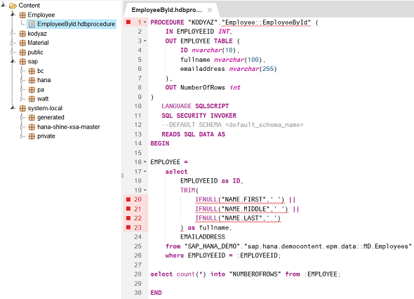 SAP HANA database procedure hdbprocedure code