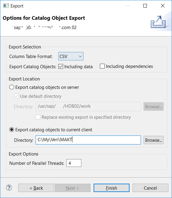 SAP HANA database catalog object export options