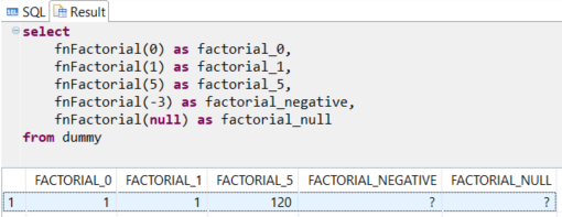 SAP HANA database scalar SQL UDF factorial function