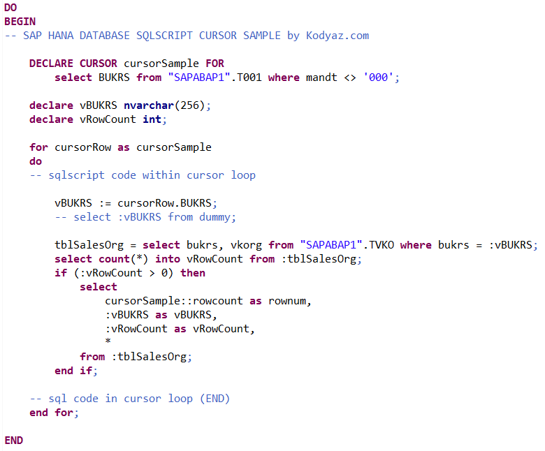 SAP HANA database SQL cursor code sample