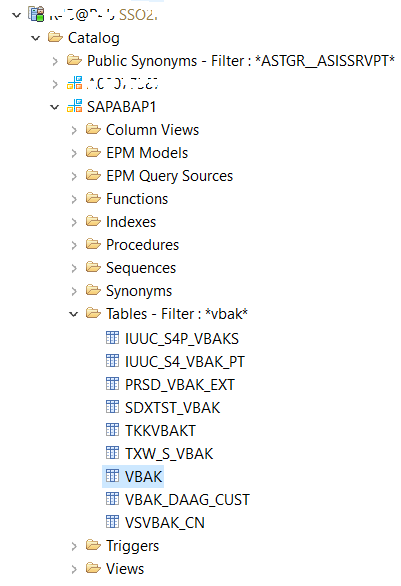 SAP HANA database tables filtered on SAP HANA Studio