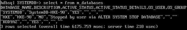 SAP HANA database HXE stopped tenant database