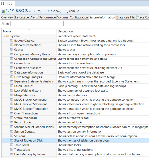 SAP HANA Studio tools for database System Information