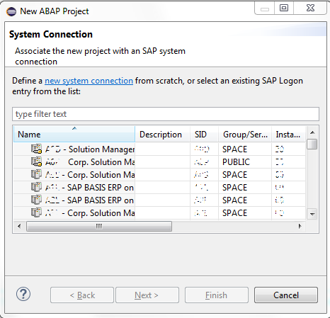 Eclipse SAP connections list to create ABAP projects