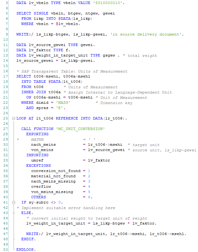 ABAP codes for sample program to convert measurement units