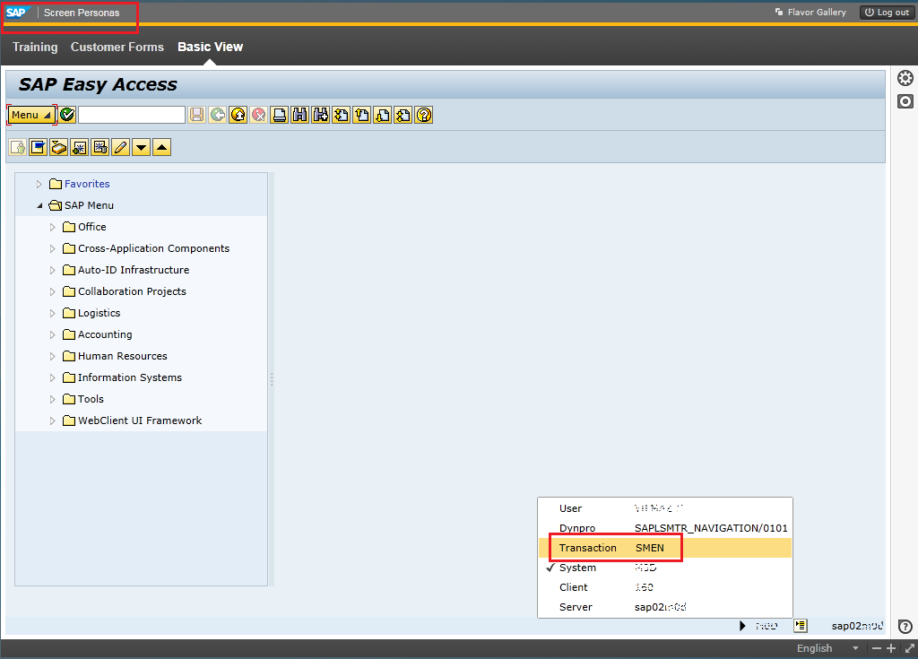 SAP Screen Personas start screen SMEN transaction