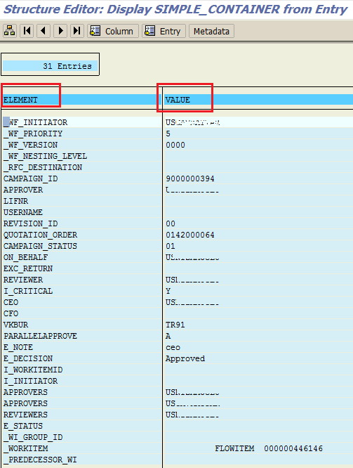 workflow container data in element value pairs