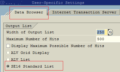 SAP SE16 standard list for table output in data browser