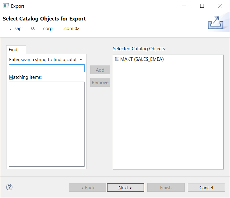 SAP HANA database catalog objects to export
