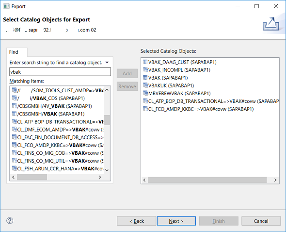 selected SAP HANA database catalog object to export to file directory