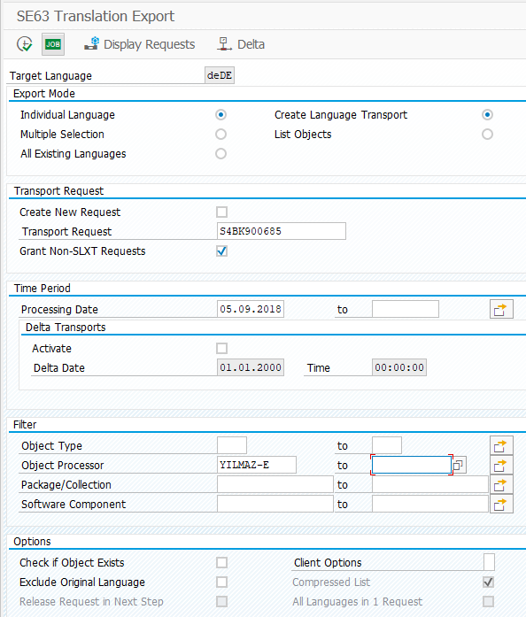 SE63 Translation Export program SLXT tcode screen