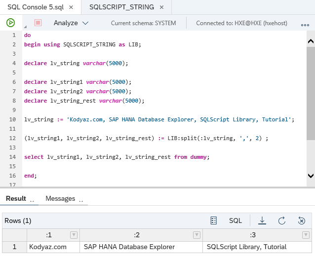 split string function sample SQL code on HANA database
