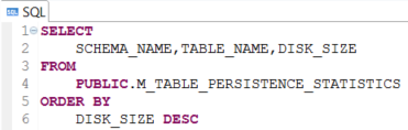 SQL query for SAP HANA database table size on disk