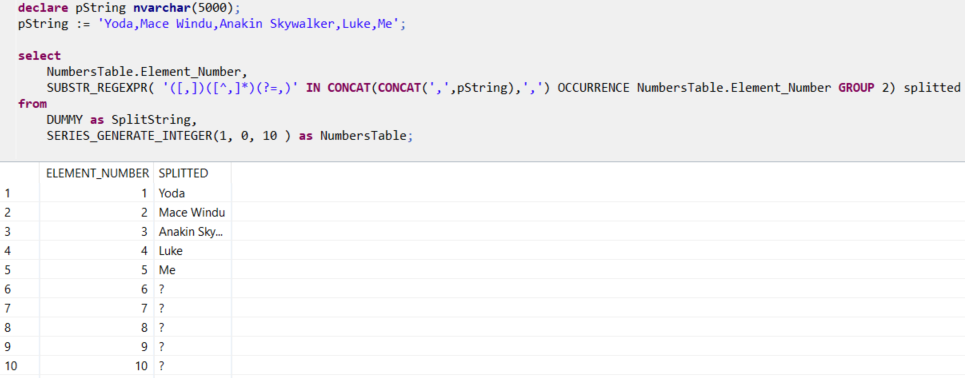 SQLScript split string on HANA database