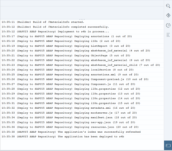 logs displayed on Console for deployment of Web IDE application to ABAP repository