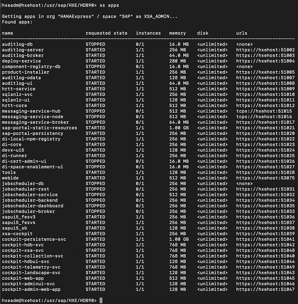 SAP HANA Express XSA, XS apps list