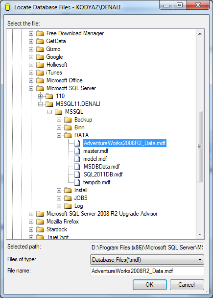 attach database SQLServer2012 locate database files