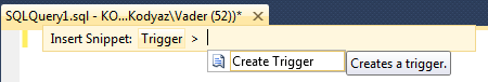 create trigger in SQL Server 2012 using code snippet