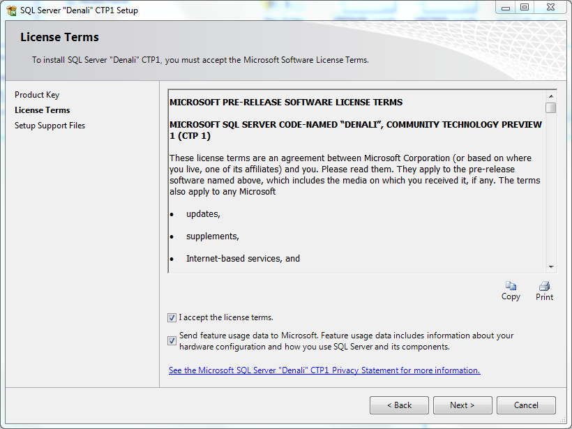 Microsoft SQL Server 2012 Denali license terms