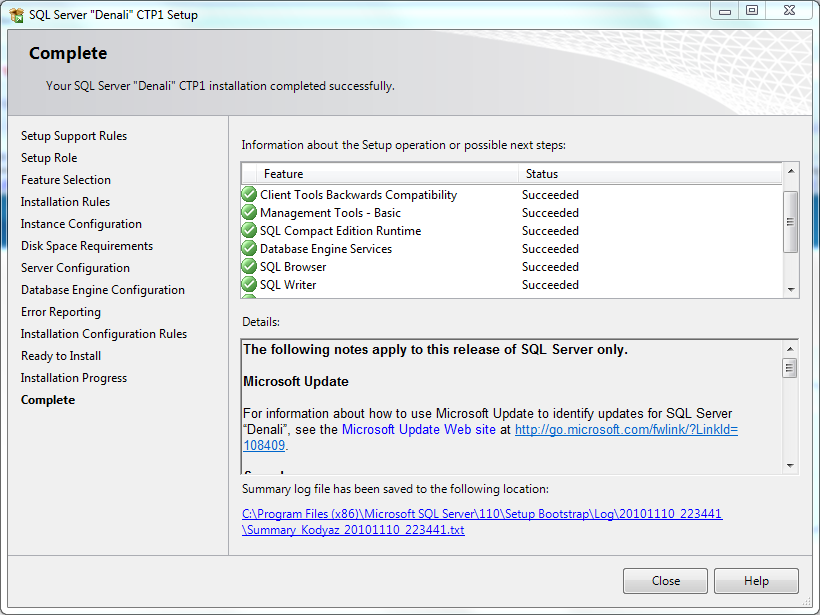 Microsoft SQL Server 2012 installation completed successfully