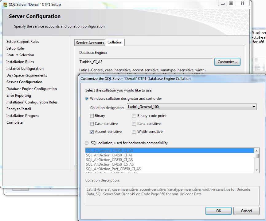 SQL Server 2012 collation settings