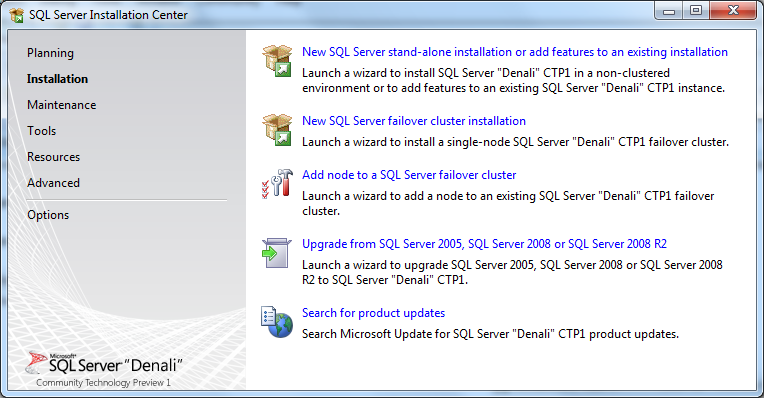 SQL Server 2012 installation center