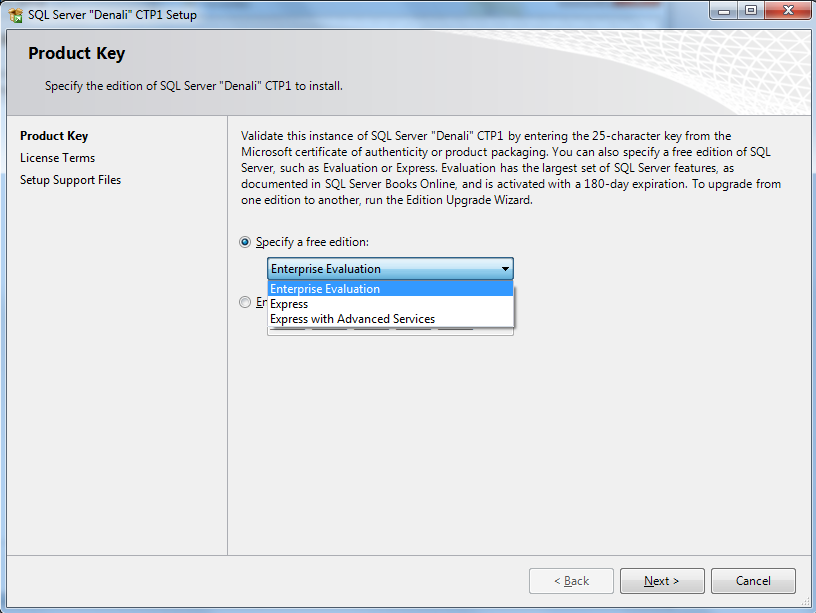 SQL Server 2012 product key or specify free edition