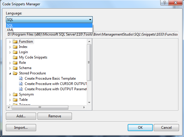 SQL Server 2012 Tools Code Snippets Manager