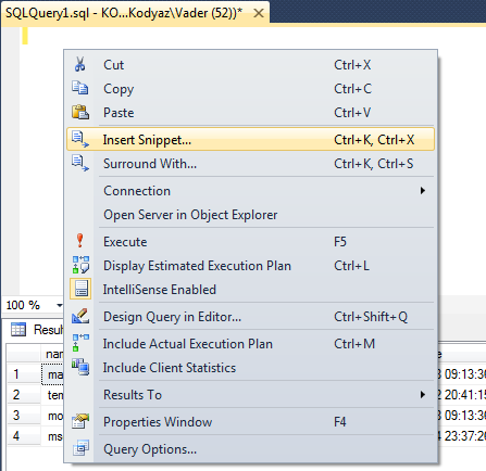 insert code snippet in SQL Server 2012